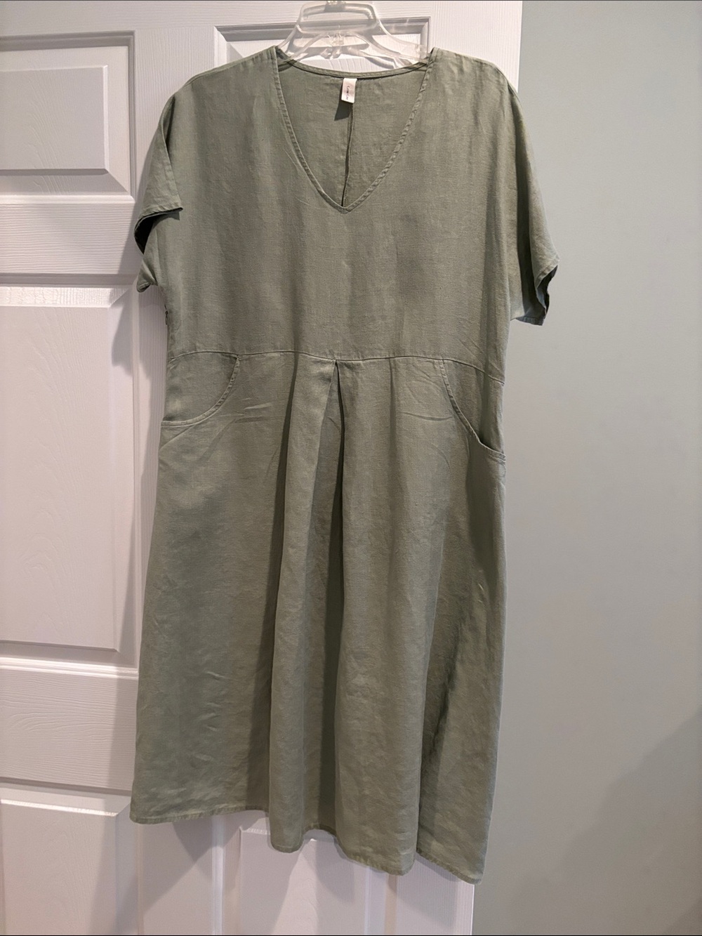 V-Neck Midi Dress in Sage Green with Front Pleat